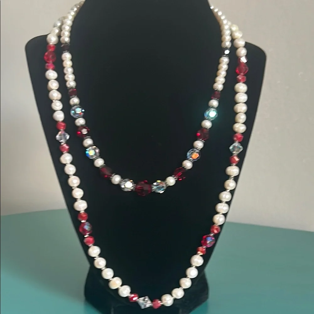 Hand Crafted Classic White Freshwater Pearl and Red Faceted Beaded Necklace Set